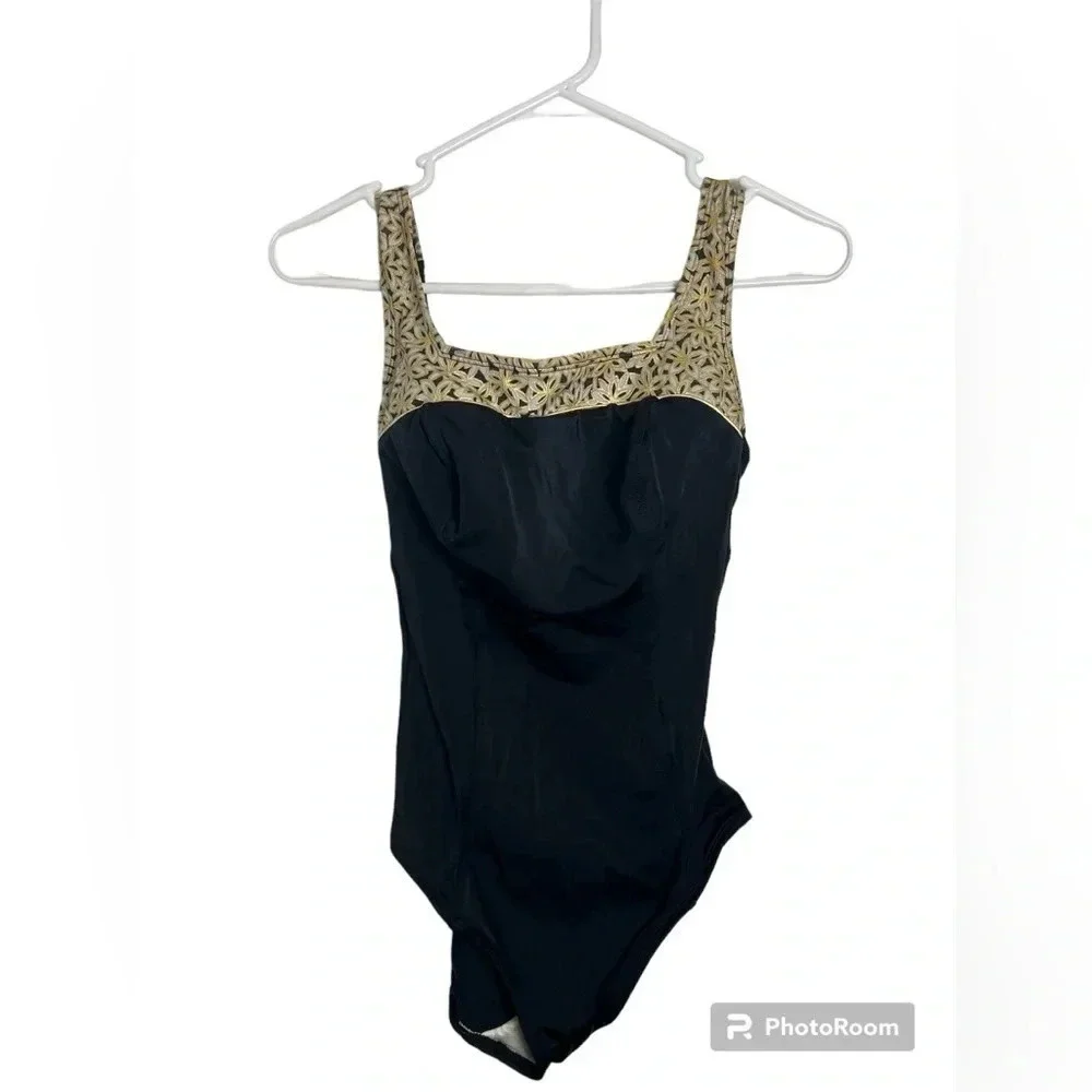 Vintage Roxane Black One Piece Swimsuit with gold accent size 12